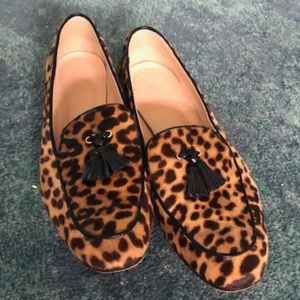 J Crew Animal Print Calf Hair Loafers Tassels 8